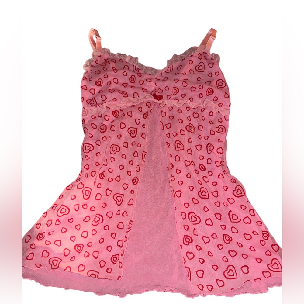 Pink mesh dress with light pink lace and red hearts